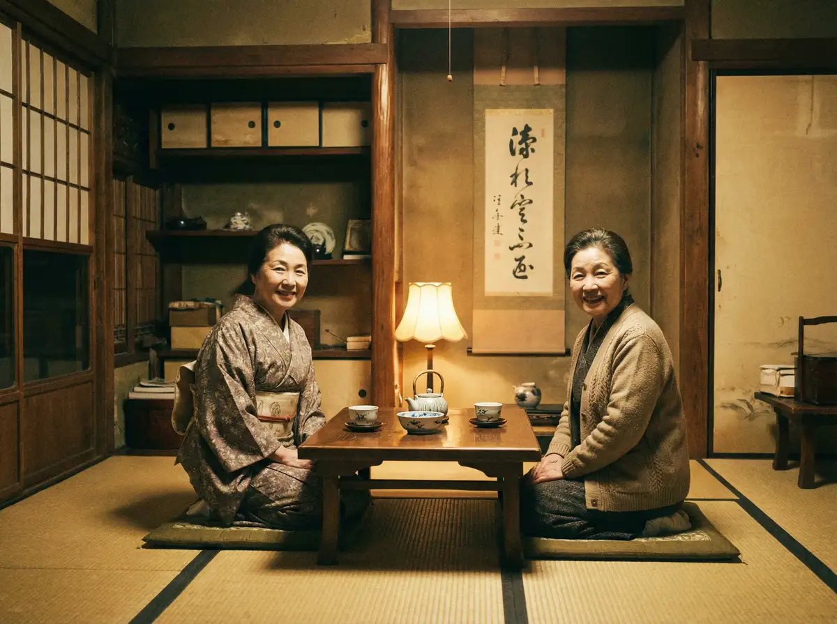 两位优雅的 桃子冰妈妈 在日式茶室中品茶交谈